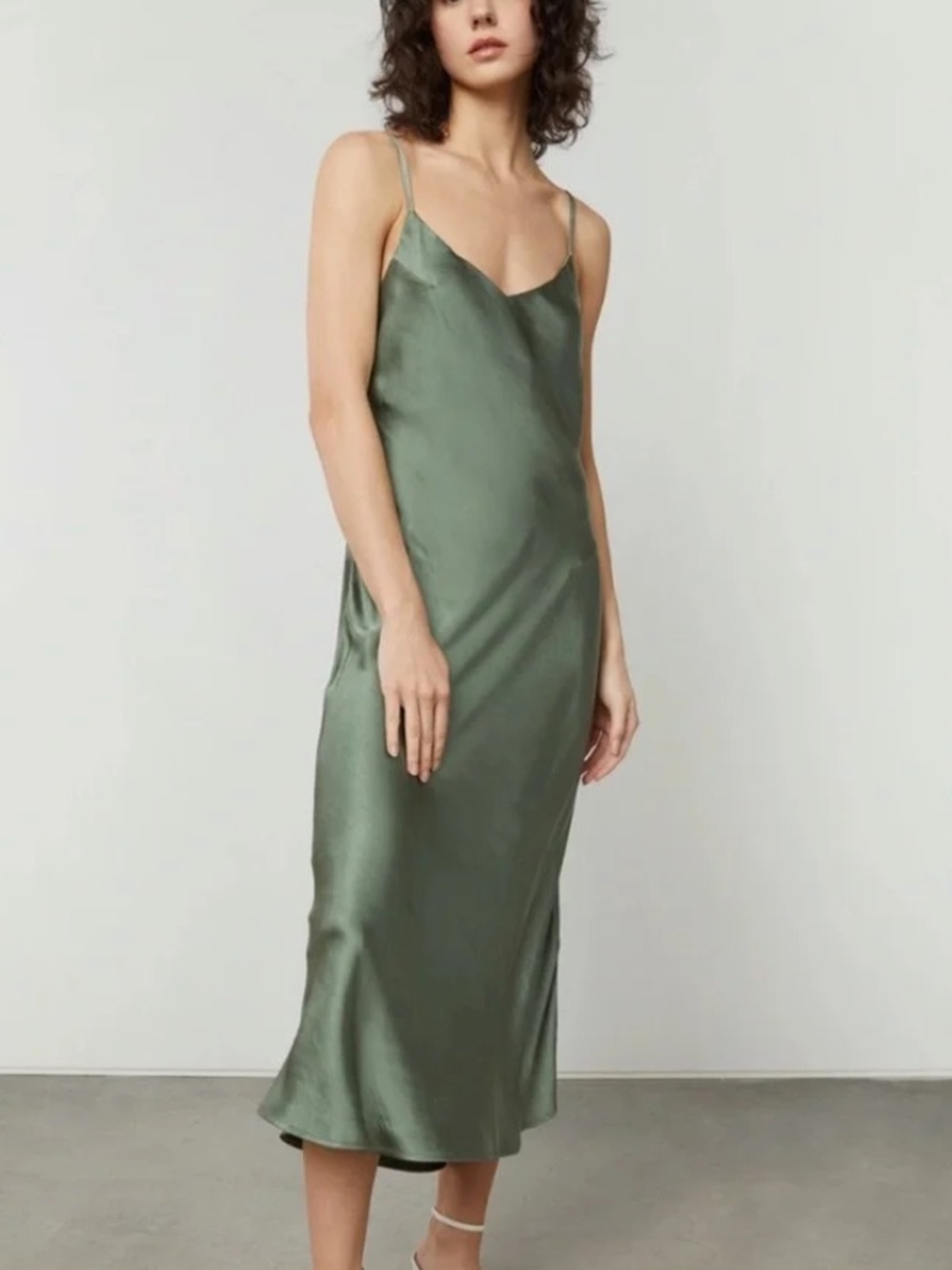 OAK + FORT Satin V-Neck Slip Midi Dress in Green - Size XS